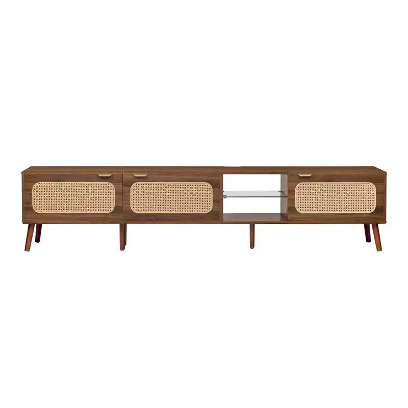 Mobile porta TV ModernLuxe per TV fino a 85", Centro di intrattenimento con ripiani aperti e ante in rattan, Tavolo console, Noce