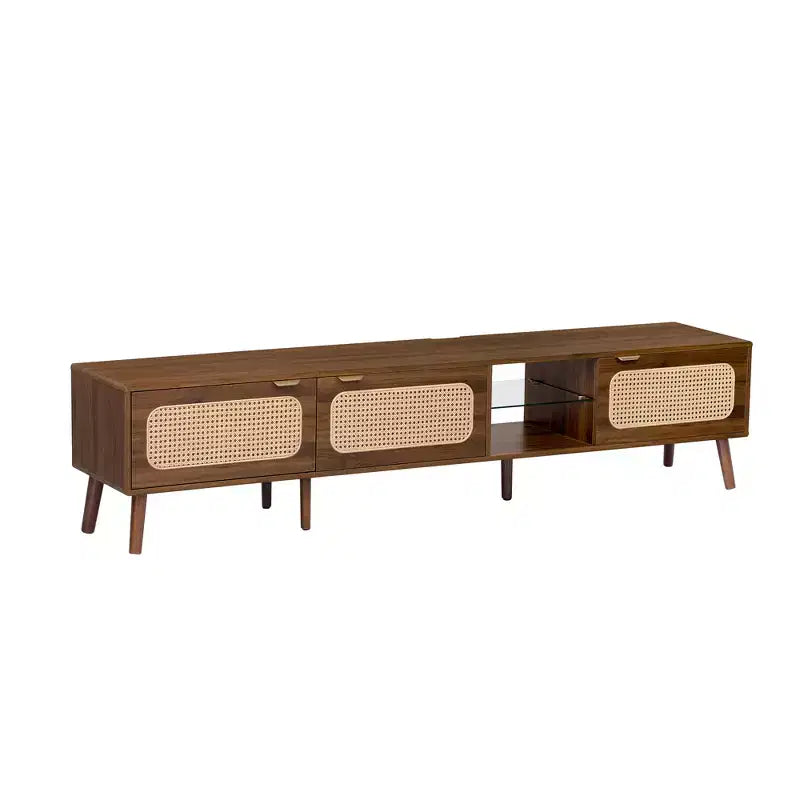 Mobile porta TV ModernLuxe per TV fino a 85", Centro di intrattenimento con ripiani aperti e ante in rattan, Tavolo console, Noce