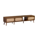 Mobile porta TV ModernLuxe per TV fino a 85", Centro di intrattenimento con ripiani aperti e ante in rattan, Tavolo console, Noce