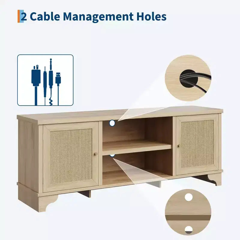 Mobile TV moderno in rattan per TV fino a 70", centro di intrattenimento da 61" con armadietto e ripiani aperti, tavolo console multimediale in legno