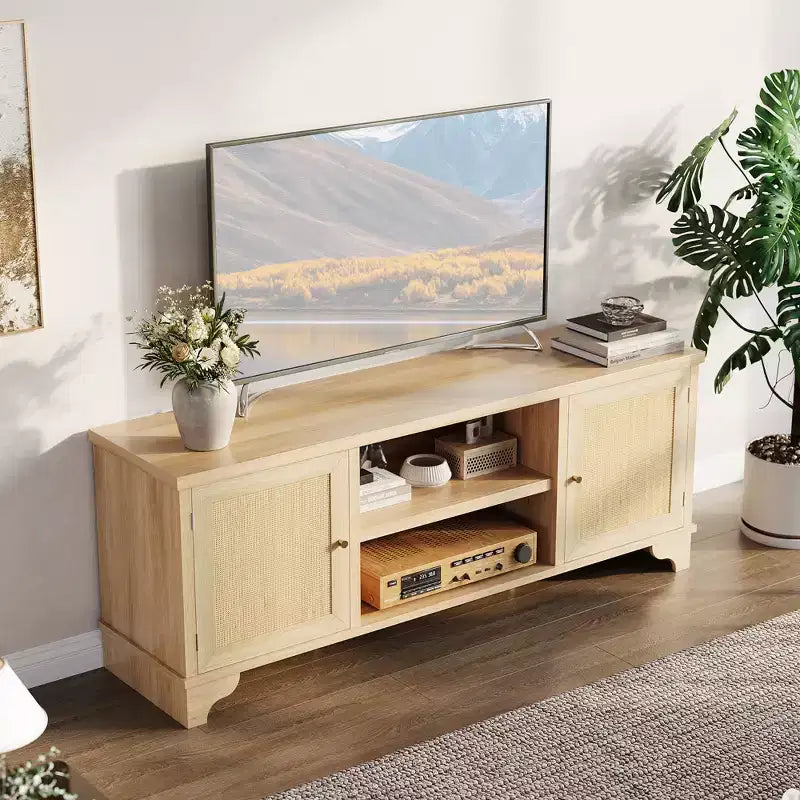 Mobile TV moderno in rattan per TV fino a 70", centro di intrattenimento da 61" con armadietto e ripiani aperti, tavolo console multimediale in legno