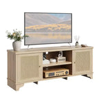 Mobile TV moderno in rattan per TV fino a 70", centro di intrattenimento da 61" con armadietto e ripiani aperti, tavolo console multimediale in legno