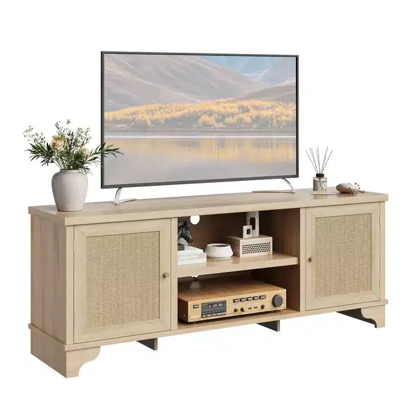 Mobile TV moderno in rattan per TV fino a 70", centro di intrattenimento da 61" con armadietto e ripiani aperti, tavolo console multimediale in legno