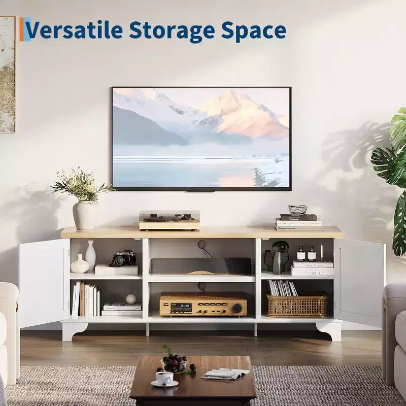 Mobile TV moderno in rattan per TV fino a 70", centro di intrattenimento da 61" con armadietto e ripiani aperti, tavolo console multimediale in legno