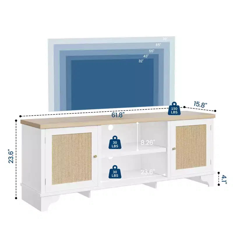 Mobile TV moderno in rattan per TV fino a 70", centro di intrattenimento da 61" con armadietto e ripiani aperti, tavolo console multimediale in legno