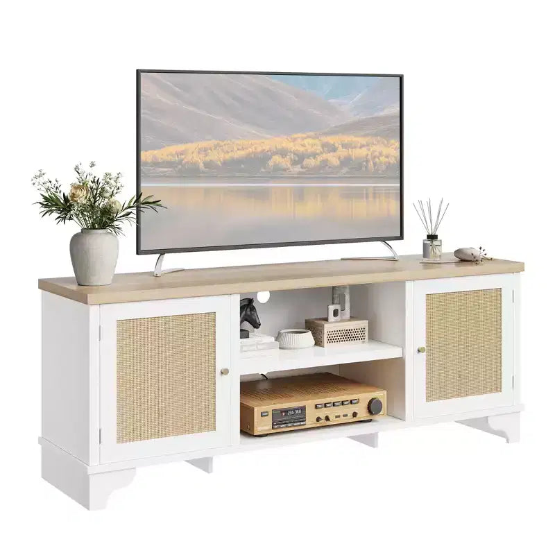 Mobile TV moderno in rattan per TV fino a 70", centro di intrattenimento da 61" con armadietto e ripiani aperti, tavolo console multimediale in legno