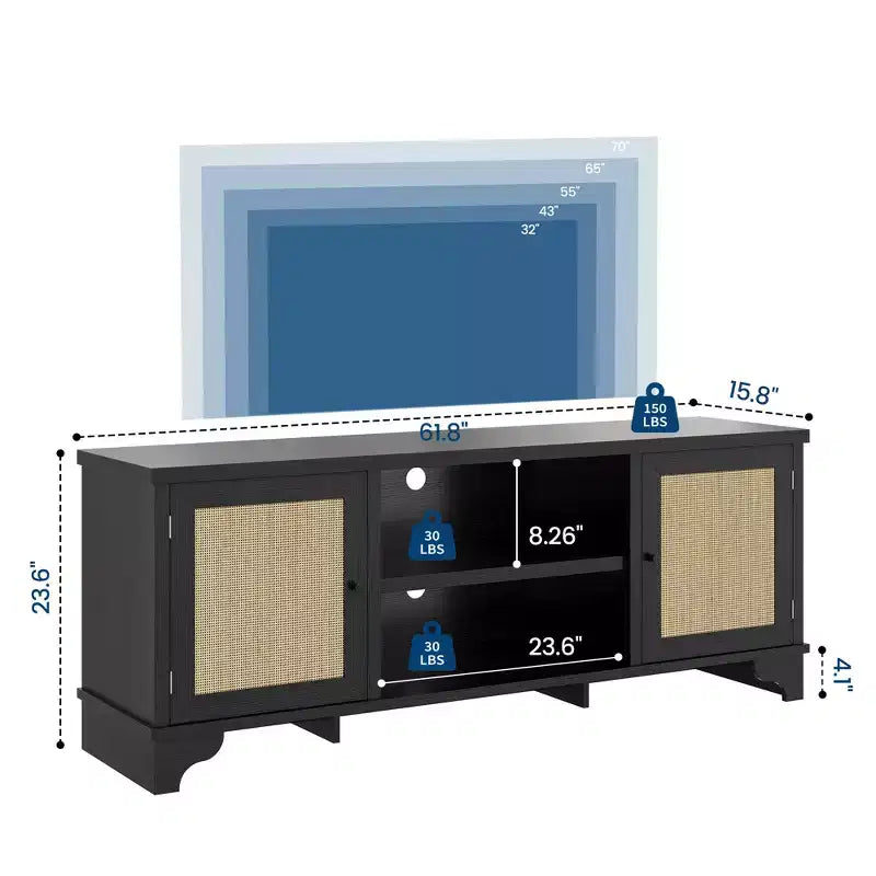 Mobile TV moderno in rattan per TV fino a 70", centro di intrattenimento da 61" con armadietto e ripiani aperti, tavolo console multimediale in legno