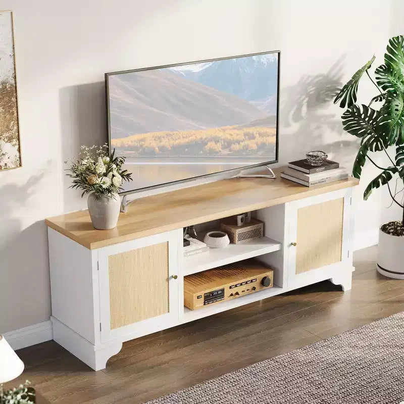 Mobile TV moderno in rattan per TV fino a 70", centro di intrattenimento da 61" con armadietto e ripiani aperti, tavolo console multimediale in legno