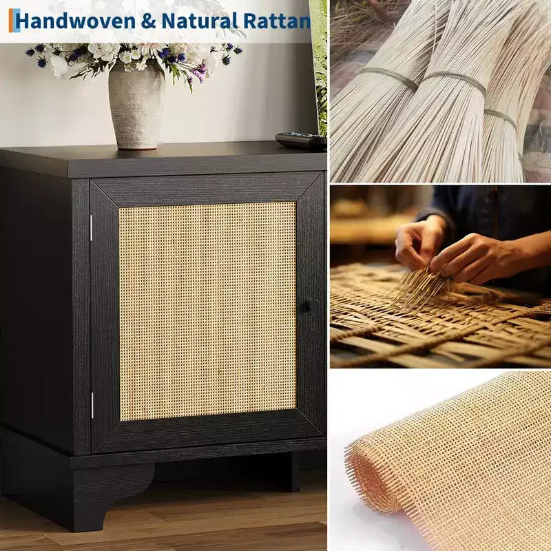 Mobile TV moderno in rattan per TV fino a 70", centro di intrattenimento da 61" con armadietto e ripiani aperti, tavolo console multimediale in legno