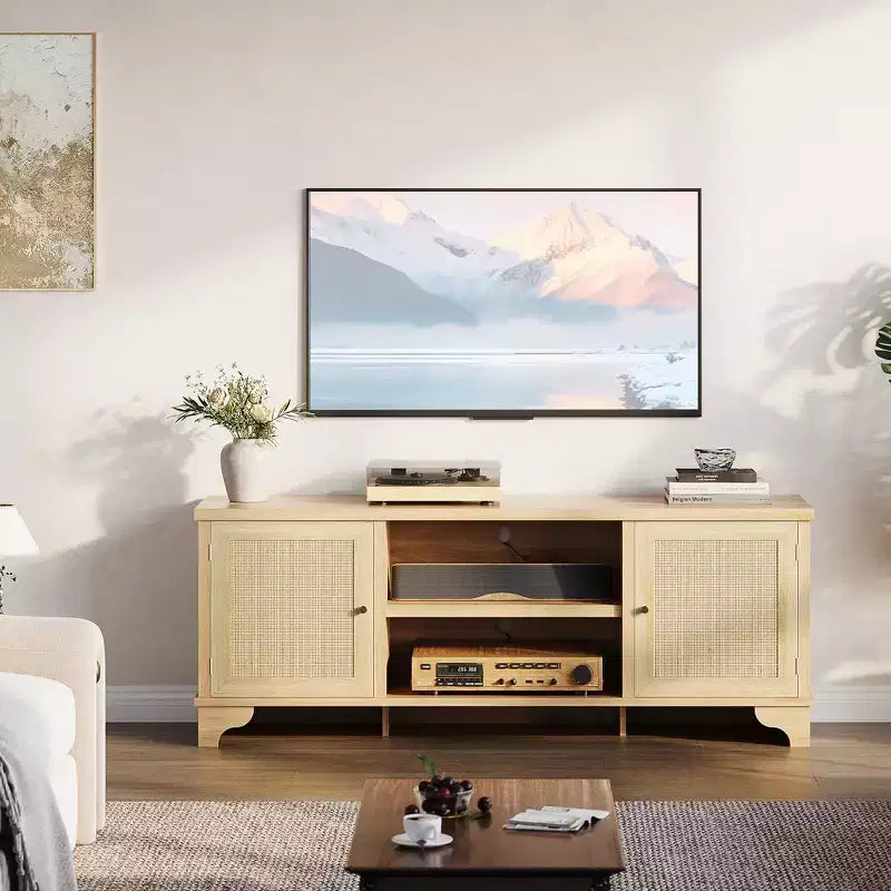 Mobile TV moderno in rattan per TV fino a 70", centro di intrattenimento da 61" con armadietto e ripiani aperti, tavolo console multimediale in legno