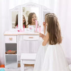 Acekool Kids Vanity Set with Mirror, Drawers, Wooden Pretend Makeup Toys, Stool & Storage, CPSIA Certified, for Ages 3-9