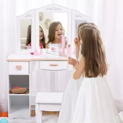Acekool Kids Vanity Set with Mirror, Drawers, Wooden Pretend Makeup Toys, Stool & Storage, CPSIA Certified, for Ages 3-9
