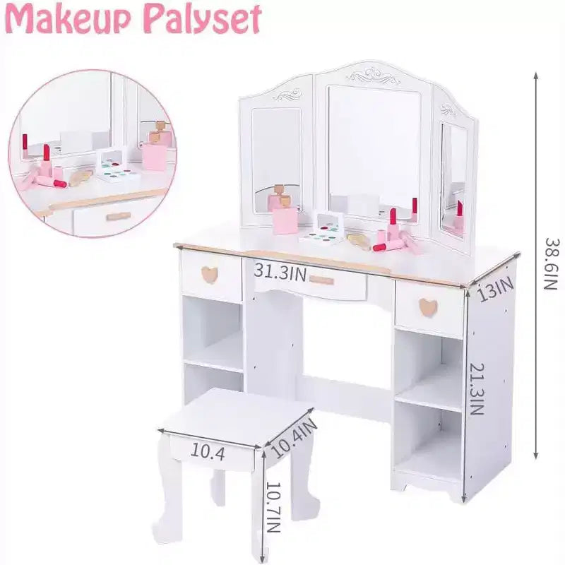 Acekool Set da Trucco per Bambini con Specchio, Cassetti, Giocattoli in Legno per il Trucco, Sgabello e Contenitore, Certificato CPSIA, per Età 3-9