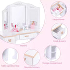 Acekool Set da Trucco per Bambini con Specchio, Cassetti, Giocattoli in Legno per il Trucco, Sgabello e Contenitore, Certificato CPSIA, per Età 3-9