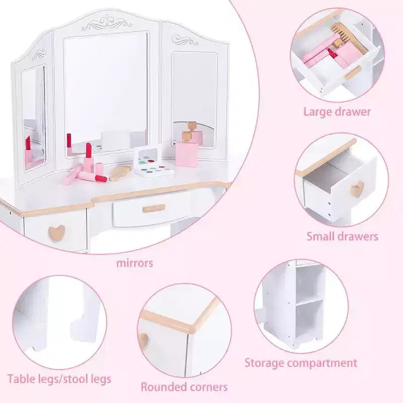 Acekool Set da Trucco per Bambini con Specchio, Cassetti, Giocattoli in Legno per il Trucco, Sgabello e Contenitore, Certificato CPSIA, per Età 3-9