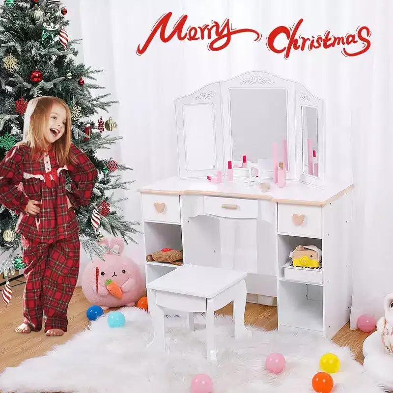 Acekool Set da Trucco per Bambini con Specchio, Cassetti, Giocattoli in Legno per il Trucco, Sgabello e Contenitore, Certificato CPSIA, per Età 3-9