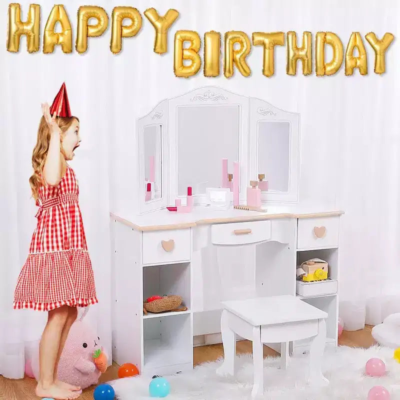 Acekool Set da Trucco per Bambini con Specchio, Cassetti, Giocattoli in Legno per il Trucco, Sgabello e Contenitore, Certificato CPSIA, per Età 3-9