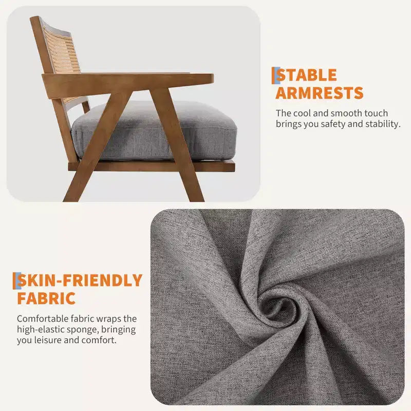 Poltrona d'accento rustica di metà secolo - Poltrona in legno con schienale in rattan e cuscino in lino per soggiorno, camera da letto - Beige, facile montaggio