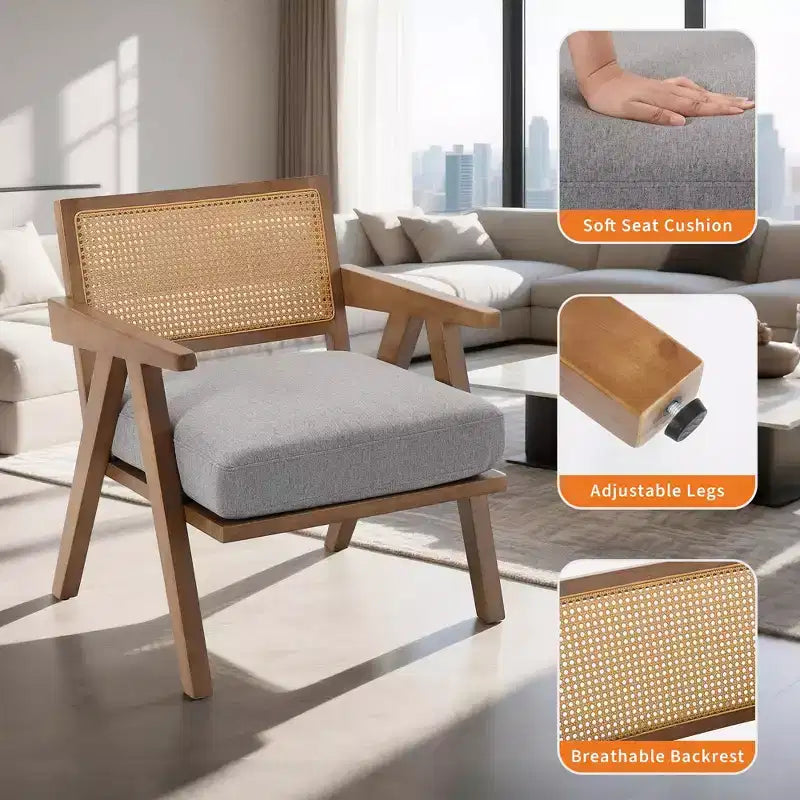Poltrona d'accento rustica di metà secolo - Poltrona in legno con schienale in rattan e cuscino in lino per soggiorno, camera da letto - Beige, facile montaggio