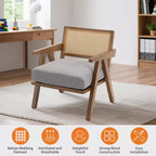 Poltrona d'accento rustica di metà secolo - Poltrona in legno con schienale in rattan e cuscino in lino per soggiorno, camera da letto - Beige, facile montaggio