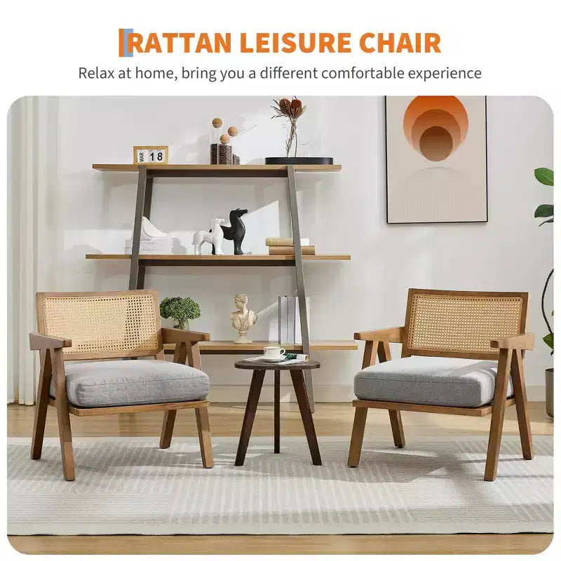 Poltrona d'accento rustica di metà secolo - Poltrona in legno con schienale in rattan e cuscino in lino per soggiorno, camera da letto - Beige, facile montaggio