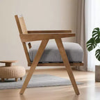 Poltrona d'accento rustica di metà secolo - Poltrona in legno con schienale in rattan e cuscino in lino per soggiorno, camera da letto - Beige, facile montaggio