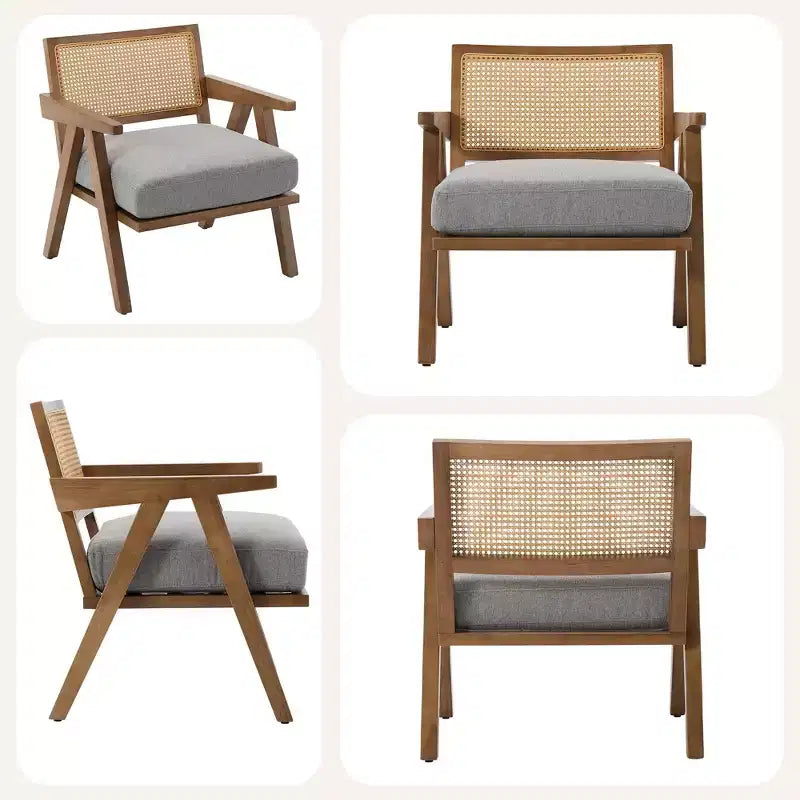 Poltrona d'accento rustica di metà secolo - Poltrona in legno con schienale in rattan e cuscino in lino per soggiorno, camera da letto - Beige, facile montaggio
