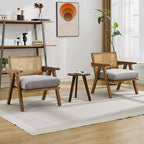 Poltrona d'accento rustica di metà secolo - Poltrona in legno con schienale in rattan e cuscino in lino per soggiorno, camera da letto - Beige, facile montaggio