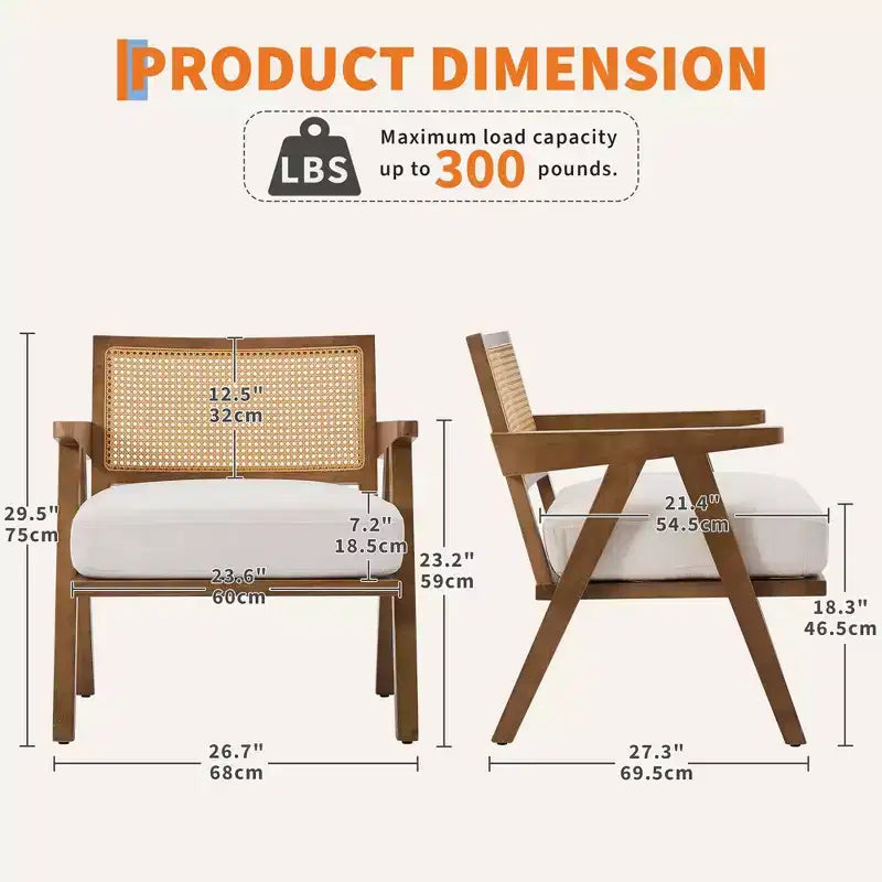Poltrona d'accento rustica di metà secolo - Poltrona in legno con schienale in rattan e cuscino in lino per soggiorno, camera da letto - Beige, facile montaggio
