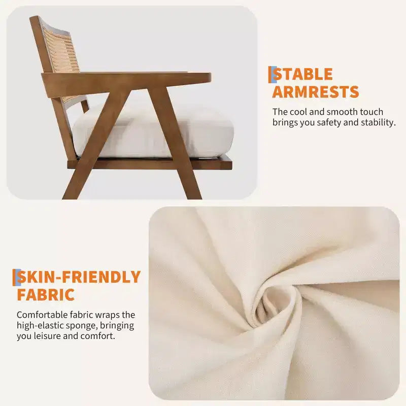 Poltrona d'accento rustica di metà secolo - Poltrona in legno con schienale in rattan e cuscino in lino per soggiorno, camera da letto - Beige, facile montaggio