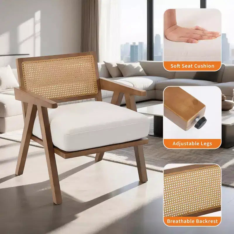 Poltrona d'accento rustica di metà secolo - Poltrona in legno con schienale in rattan e cuscino in lino per soggiorno, camera da letto - Beige, facile montaggio