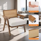 Poltrona d'accento rustica di metà secolo - Poltrona in legno con schienale in rattan e cuscino in lino per soggiorno, camera da letto - Beige, facile montaggio
