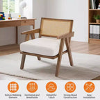 Poltrona d'accento rustica di metà secolo - Poltrona in legno con schienale in rattan e cuscino in lino per soggiorno, camera da letto - Beige, facile montaggio