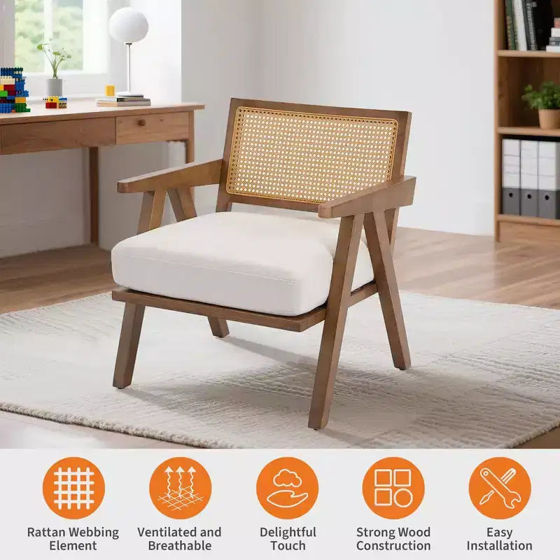 Poltrona d'accento rustica di metà secolo - Poltrona in legno con schienale in rattan e cuscino in lino per soggiorno, camera da letto - Beige, facile montaggio
