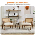 Poltrona d'accento rustica di metà secolo - Poltrona in legno con schienale in rattan e cuscino in lino per soggiorno, camera da letto - Beige, facile montaggio
