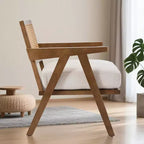 Poltrona d'accento rustica di metà secolo - Poltrona in legno con schienale in rattan e cuscino in lino per soggiorno, camera da letto - Beige, facile montaggio