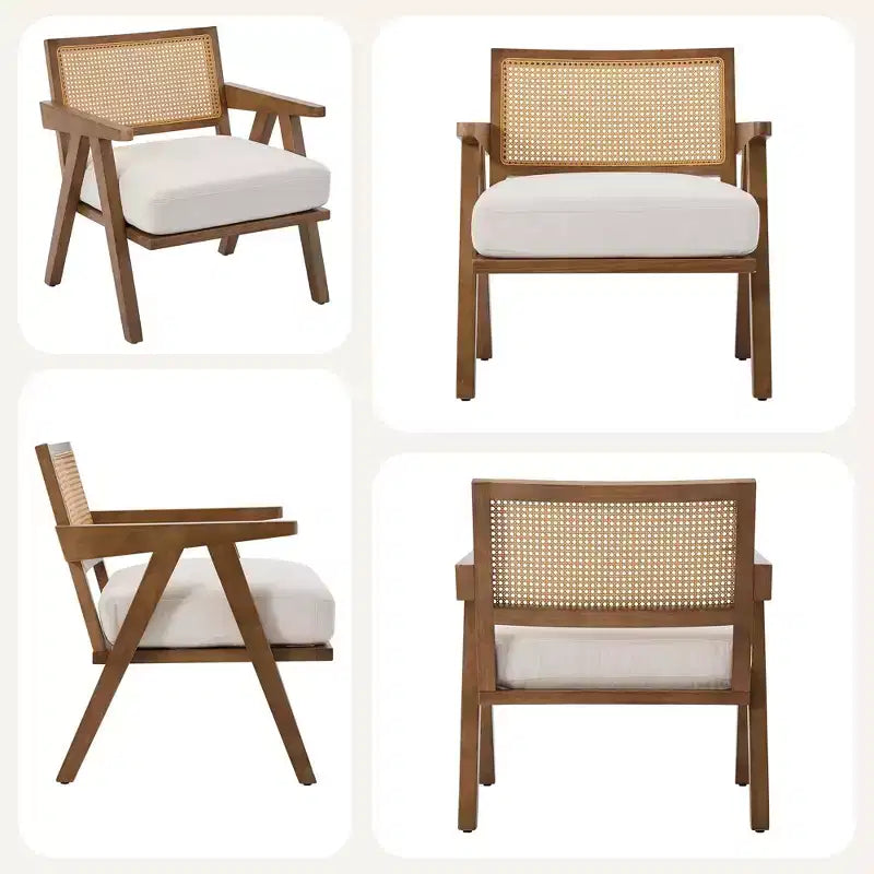 Poltrona d'accento rustica di metà secolo - Poltrona in legno con schienale in rattan e cuscino in lino per soggiorno, camera da letto - Beige, facile montaggio