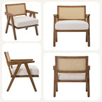 Poltrona d'accento rustica di metà secolo - Poltrona in legno con schienale in rattan e cuscino in lino per soggiorno, camera da letto - Beige, facile montaggio
