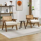 Poltrona d'accento rustica di metà secolo - Poltrona in legno con schienale in rattan e cuscino in lino per soggiorno, camera da letto - Beige, facile montaggio