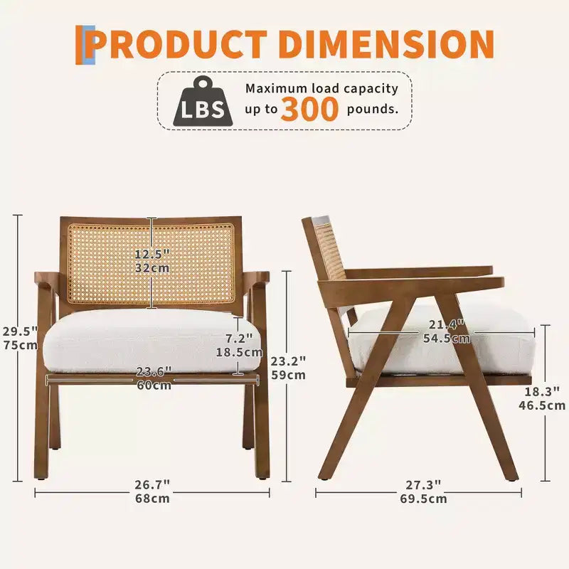 Poltrona d'accento rustica di metà secolo - Poltrona in legno con schienale in rattan e cuscino in lino per soggiorno, camera da letto - Beige, facile montaggio