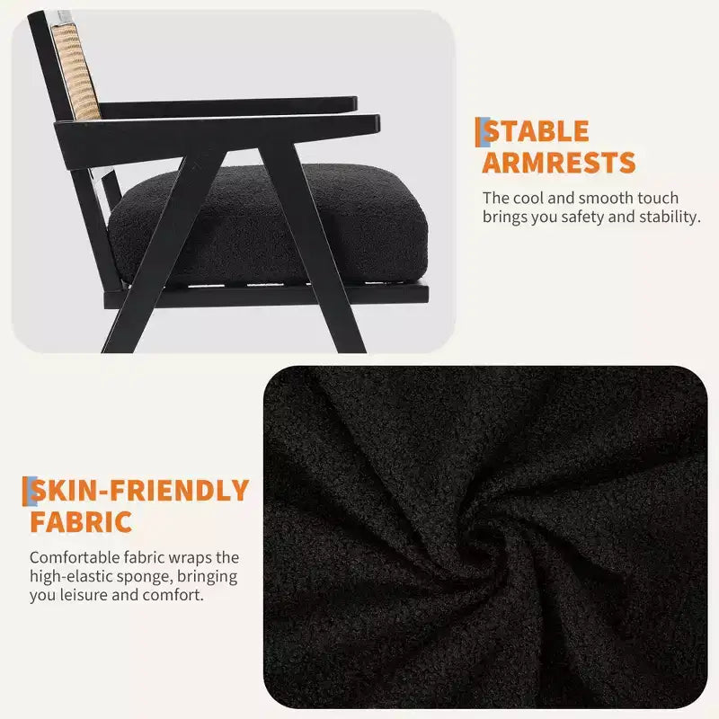 Poltrona d'accento rustica di metà secolo - Poltrona in legno con schienale in rattan e cuscino in lino per soggiorno, camera da letto - Beige, facile montaggio