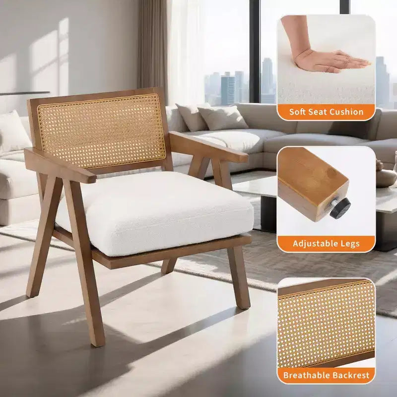 Poltrona d'accento rustica di metà secolo - Poltrona in legno con schienale in rattan e cuscino in lino per soggiorno, camera da letto - Beige, facile montaggio