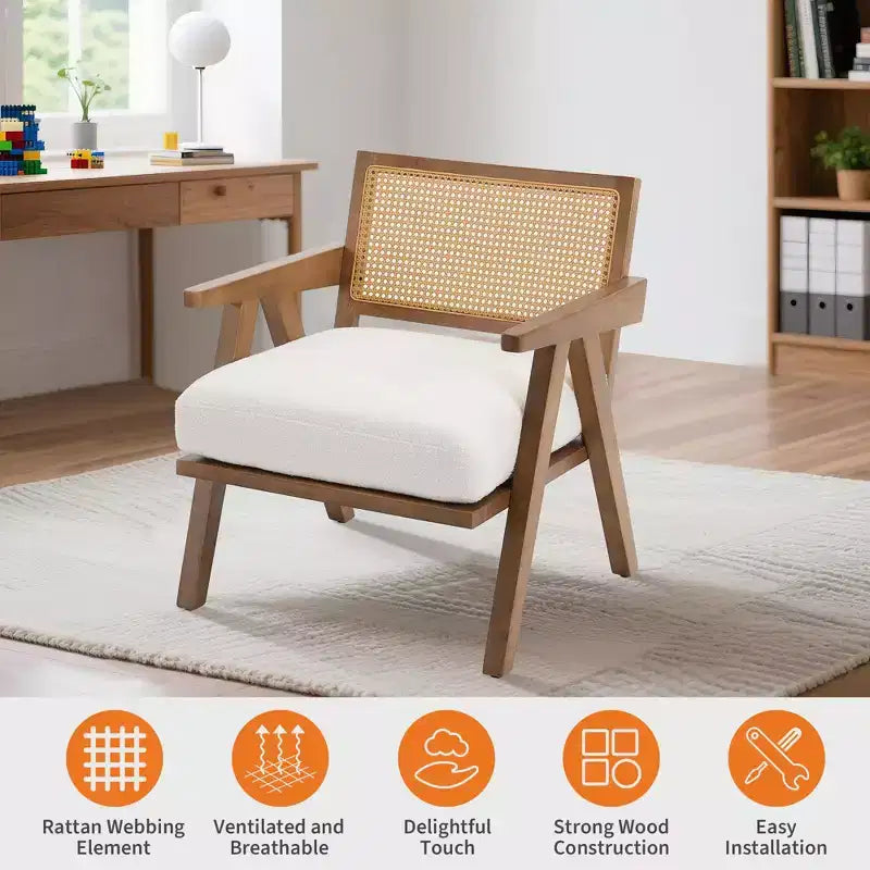 Poltrona d'accento rustica di metà secolo - Poltrona in legno con schienale in rattan e cuscino in lino per soggiorno, camera da letto - Beige, facile montaggio