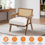 Poltrona d'accento rustica di metà secolo - Poltrona in legno con schienale in rattan e cuscino in lino per soggiorno, camera da letto - Beige, facile montaggio