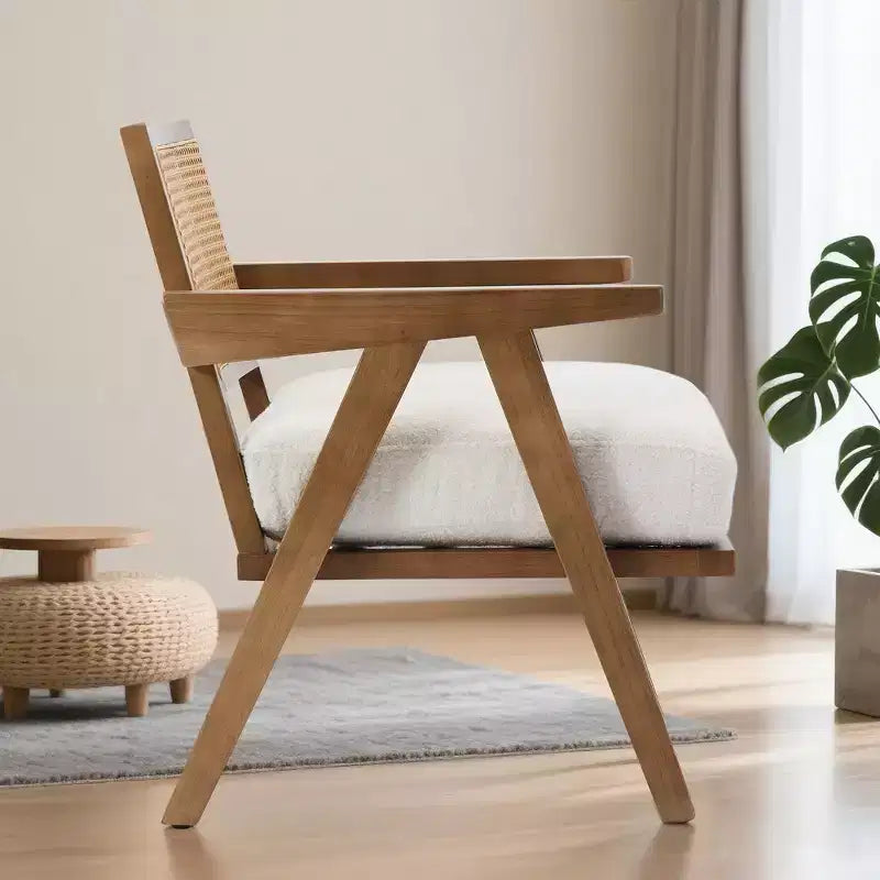 Poltrona d'accento rustica di metà secolo - Poltrona in legno con schienale in rattan e cuscino in lino per soggiorno, camera da letto - Beige, facile montaggio