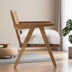 Poltrona d'accento rustica di metà secolo - Poltrona in legno con schienale in rattan e cuscino in lino per soggiorno, camera da letto - Beige, facile montaggio