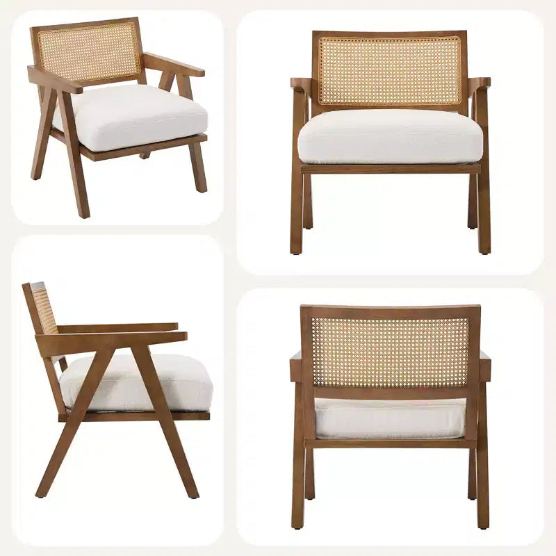 Poltrona d'accento rustica di metà secolo - Poltrona in legno con schienale in rattan e cuscino in lino per soggiorno, camera da letto - Beige, facile montaggio