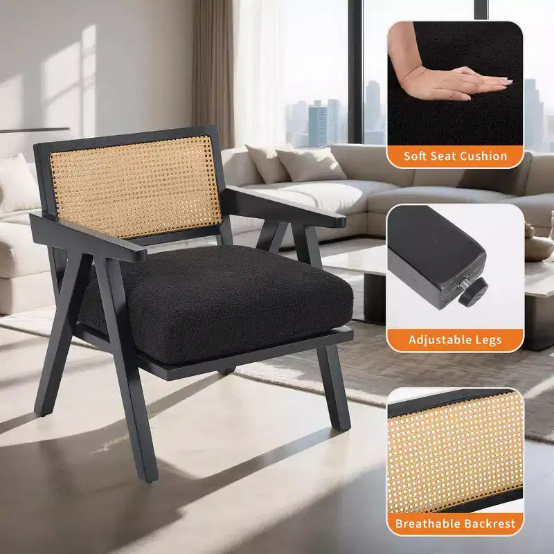 Poltrona d'accento rustica di metà secolo - Poltrona in legno con schienale in rattan e cuscino in lino per soggiorno, camera da letto - Beige, facile montaggio