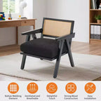 Poltrona d'accento rustica di metà secolo - Poltrona in legno con schienale in rattan e cuscino in lino per soggiorno, camera da letto - Beige, facile montaggio