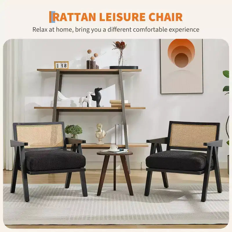Poltrona d'accento rustica di metà secolo - Poltrona in legno con schienale in rattan e cuscino in lino per soggiorno, camera da letto - Beige, facile montaggio